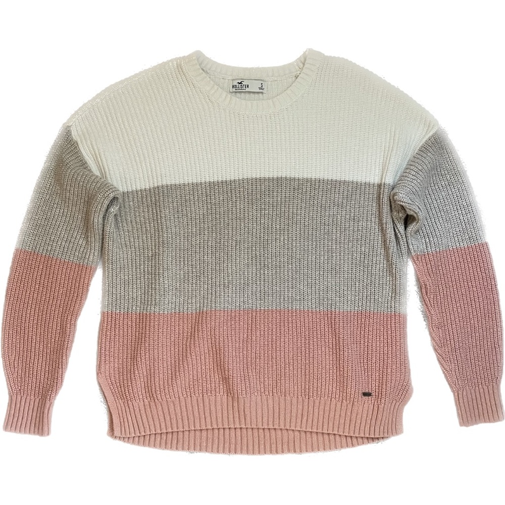Hollister Tri-Color Sweater Size S Cut Out Pink White Tan Winter